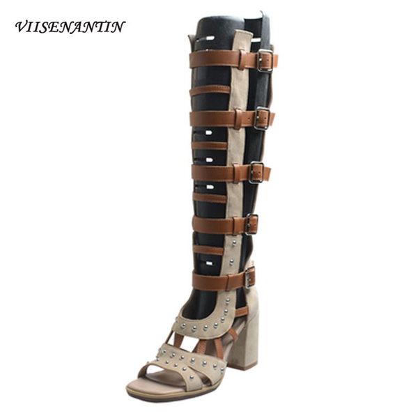 

boots roman sandals cowhide color matching high tube thick high-heeled straps long rivet belt buckle zipper hollow, Black