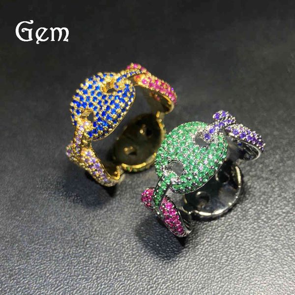 

ring hip hop men's coffee bean micro set zircon colorful pig nose, Silver
