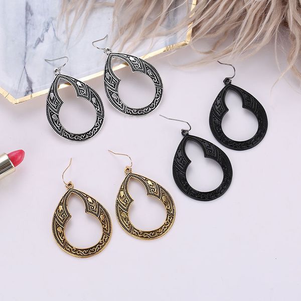 

bohemian national style carved pattern gourd earrings alloy hollow earrings, Silver
