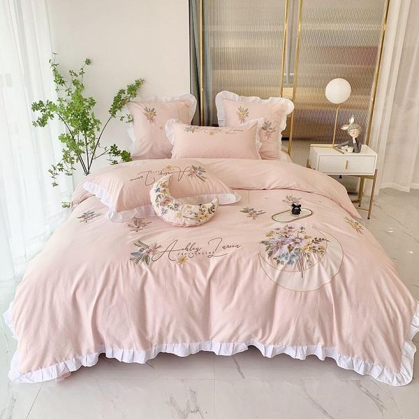 

bedding sets luxury pink 100% egyptian cotton princess set bouquet moon embroidery ruffle double duvet cover bed linen pillowcase