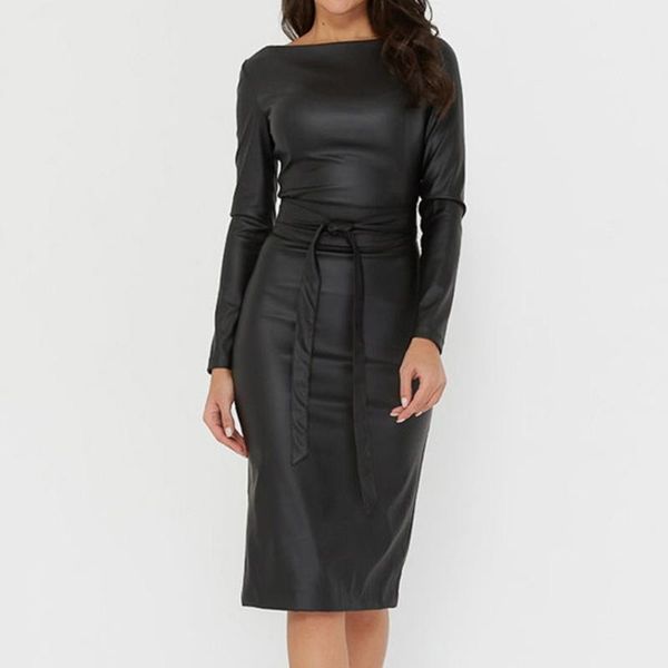 

casual dresses western style ladies spring autumn fashion temperament african oversize simple pu slim round neck long sleeve, Black;gray