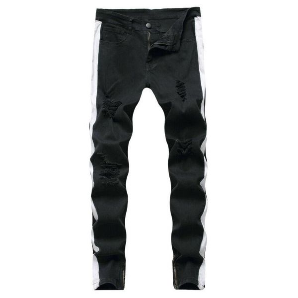 

men's jeans men plain skinny denim full slim fit casual long pants outdoor side striped scratched trousers fashion summer 2021 clothes, Blue