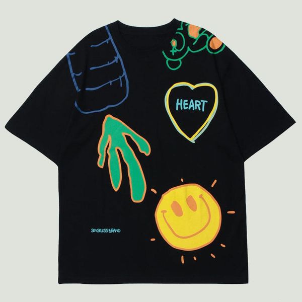 

men's t-shirts 2021 summer graffiti smile sun print short sleeve t shirts mens hip hop streetwear harajuku casual cotton loose tees, White;black