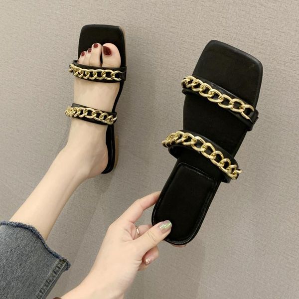 

sandals women iron chain fashion slip on square toe slippers ladies pu leather female beach summer shoes woman footwear 2021, Black