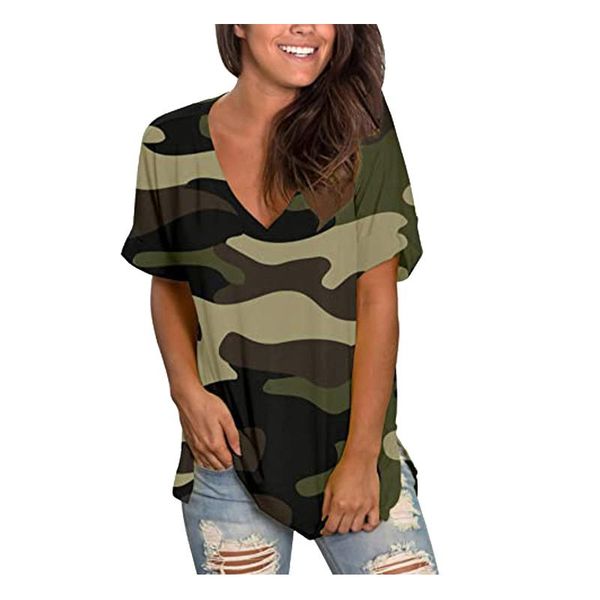 

fashion women v-neck camouflage short-sleeved casual pullover t-shirt v neck loose tshirt 2021 summer tee short women's, White