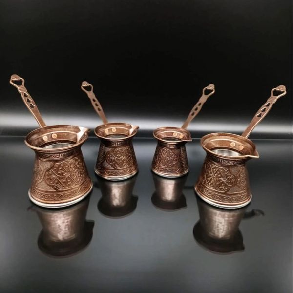 Motivo turco Caffettiera in fusione di rame Caffettiera Set fatto a mano di 4 Accessori decorativi per regali dal design tradizionale Ottomano 210330