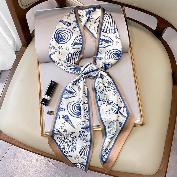 

scarves 2021 narrow small long silk scarf women luxury neckerchief tie neck hair band female, Blue;gray