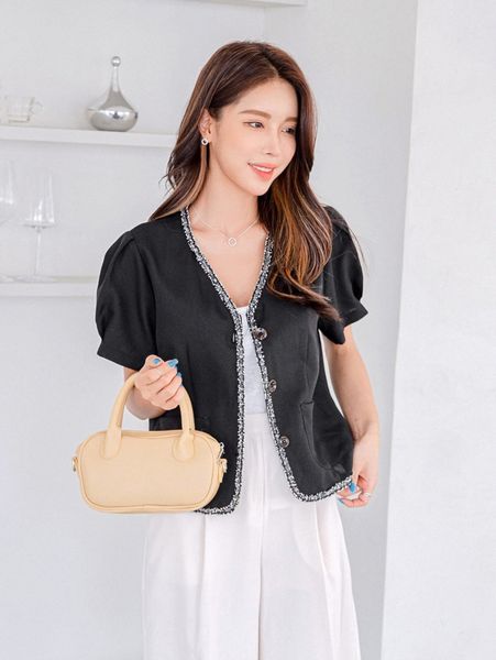 

dazy contrast trim pocket front puff sleeve jacket i8kq#, Black;brown