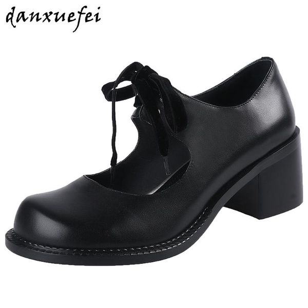 

dress shoes 2021 spring women's genuine leather lace-up bowtie korean style thick high heel pumps round toe comfortable shoe, Black