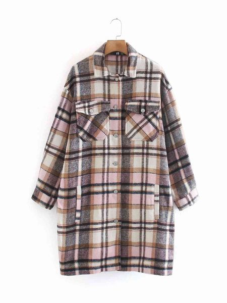 

women plaid pattern long shirt coat pockets plus size loose jacket long sleeve turn-down collar office lady elegant outwear 210521, White