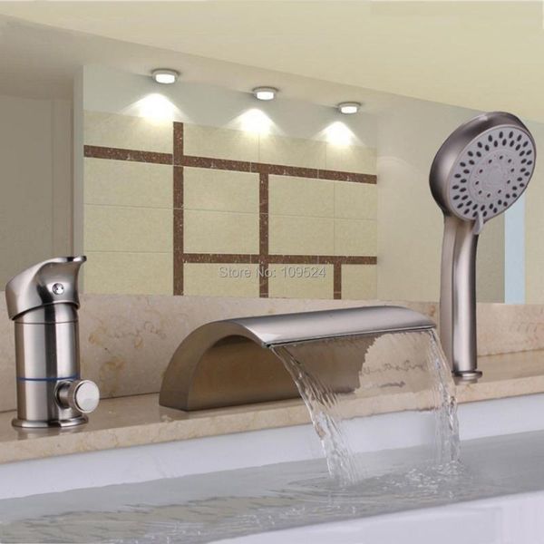 

brushed nickel waterfall bathroom bath roman tub filler faucet w/ hand shower sets