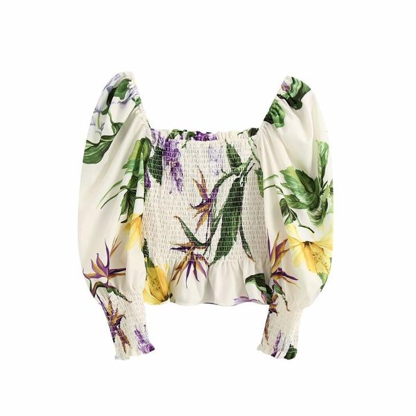 

summer women colourful floral print square collar full sleeve short t-shirt casual fashion female woman clothes 210517, White