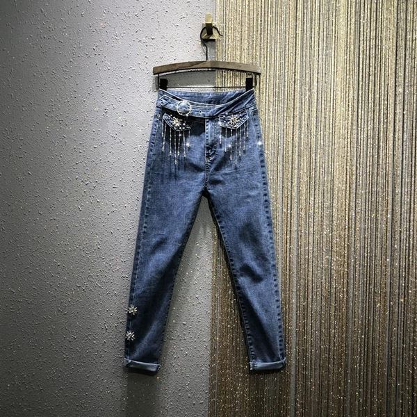 

women's jeans woman 2021 spring high-waist hand-made beaded rhinestone slim-fit stretch blue denim pants ropa mujer