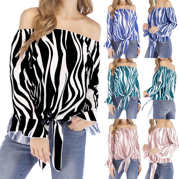 

women's t-shirt spring and summer ladies shirt women fashion casual striped word collar trumpet sleeve top, White