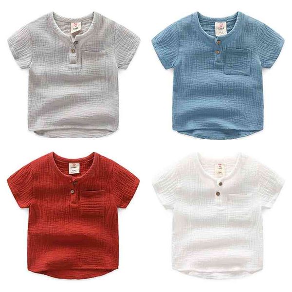

summer new 2-8 9 10 years baby children's clothing solid color soft cotton linen short sleeve t-shirt for little kids boys 210414, Blue