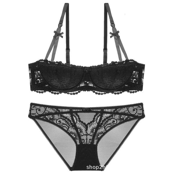 

black lace small chest 1 / 2 half cup thin underwear set 28834, Red;black