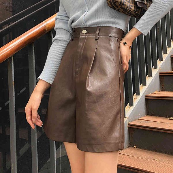 

waist wide-legged pu female high street leather short autumn winter women pants pantalon femme 12976 210415, Black;white