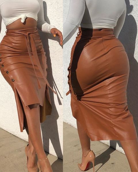 Frauen Trendy PU Leder Midi Rock Einfarbig Hohe Taille Spitze-up Seite Taste Dünne Dünne Bleistift Rock für damen Streetwear X0428