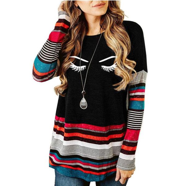 

women's t-shirt eye lashes sleepy print women tshirt cotton casual funny long sleeve striped crew neck large, White