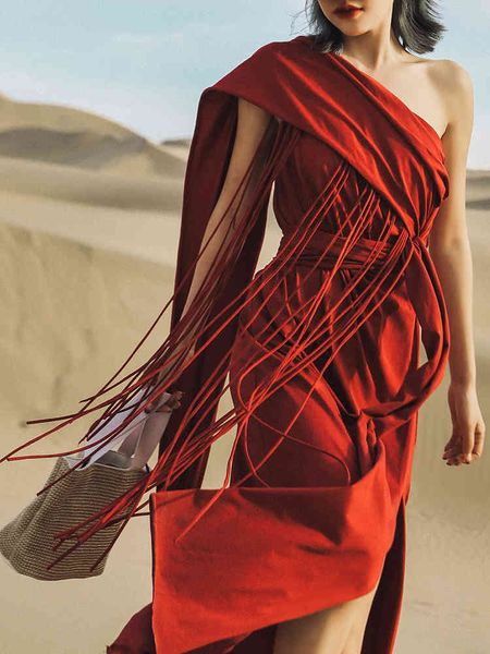 

casual dresses boho summer beachcasual elegant one shoulder high split tassel vacation holiday red long gyz2, Black;gray