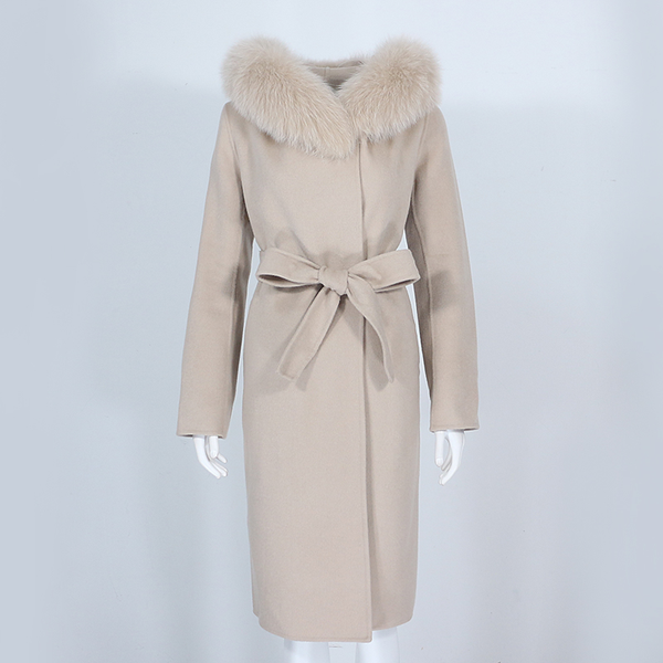 

oftbuy 2021 real fur coat winter jacket women natural fox fur collar hooded cashmere wool blends long outerwear lady streetwear, Black