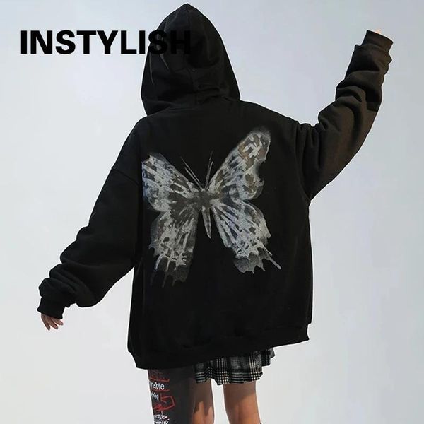 

women's hoodies & sweatshirts women hip hop streetwear jacket butterfly print coat goth harajuku y2k aesthetic clothes grunge punk zip, Black
