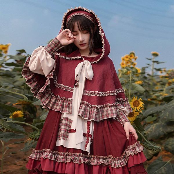 

casual dresses lolita dress spring autumn little red op long sleeve cape cloak girls student vintag high waist ruffle princess cosplay, Black;gray