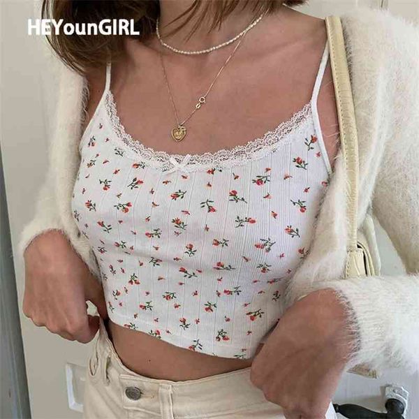 Heyoungirl Floral Impresso Kintted Spaghetti Strap Top Mulheres Branco Bonito Casual Sem Mangas Camis Tops Tees Tees Patchwork Lace Colheita Top 210714