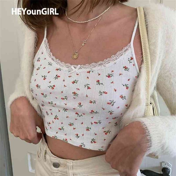 HEYounGIRL Floral Bedrucktes Kintted Spaghetti-Träger-Top für Damen, weiß, niedlich, lässig, ärmellos, Camis-Tops, T-Shirts, Patchwork-Spitze, bauchfreies Top 210714