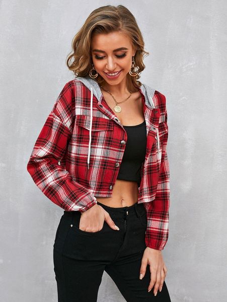 

press button drawstring hooded tartan jacket m82e#, Black;brown