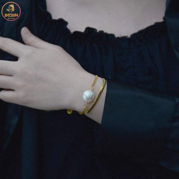 

link, chain akizoom golden pearl bracelets stainless steel double layers thick women bangles for couple jewelry birthday gift, Black