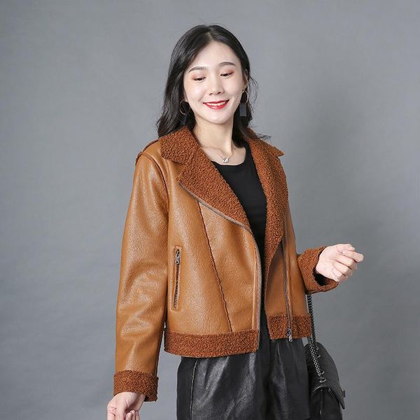 

women's leather & faux winter jacket women coat moto biker zipper 2021, Black