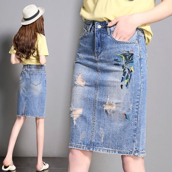 

skirts embroidery hole female denim summer slim faldas mujer solid high waist saia jeans casual a-line s m l xl, Black
