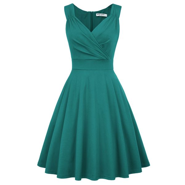 

Grace Karin Womens Swing Dress Solid Sleeveless V-Neck Ruched Pleated Elegant Knee-Length Flared A-Line Party Dress Lady Summer, Green