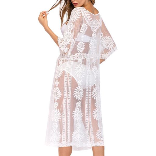 

women lace hollow bikini cover up long tunic summer beach cardigan swimwear smock do2 women's, White;black