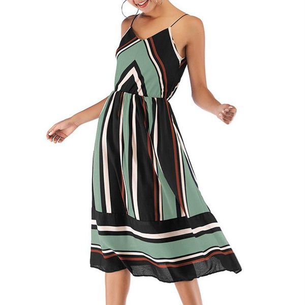 

womens summer sleeveless midi long swing dress vintage contrast colored stripes printed high waist v-neck evening party bx0a casual dresses, Black;gray