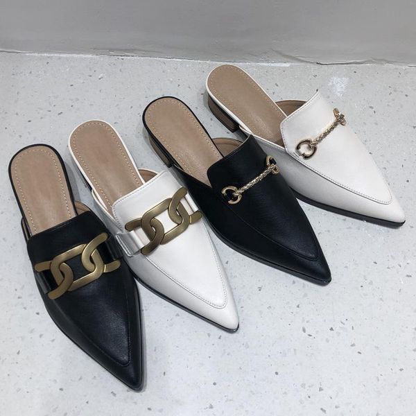 

bailamos 2021 spring low heel women mules shoes fashion brand metal chain pointed toe slipper outdoor casual slides slippers, Black