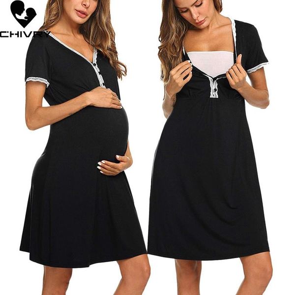 

women summer maternity dress short sleeve v-neck solid nursing breastfeeding vestidos dresses, White