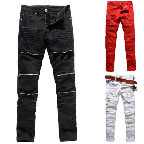 

men's jeans ripped skinny mens plain stretch slim fit distressed denim pencil pants fake zipper scratched pockets 2021 summer trousers, Blue
