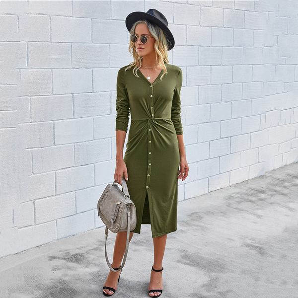 

casual bodycon button solid knitted women's black dress elegant slim fashion long-sleeved basic hip office women midi dresses 210423, Black;gray