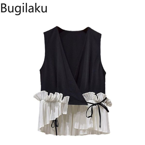 

women's vests bugilaku autumn fashion vest women contrast color patchwork ruffles sleeveless waistcoats korean chic jackets office ladi, Black;white