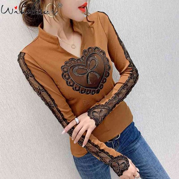 

women's t-shirt fall winter korean style fashion v-neck patchwork shiny dimaonds cotton women ropa mujer tees t09801l wc, White