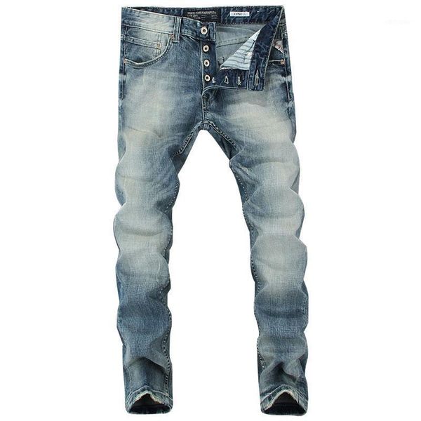 

men's jeans 2021 italian style fashion blue color slim fit cotton classical casual pants brand designer buttons men