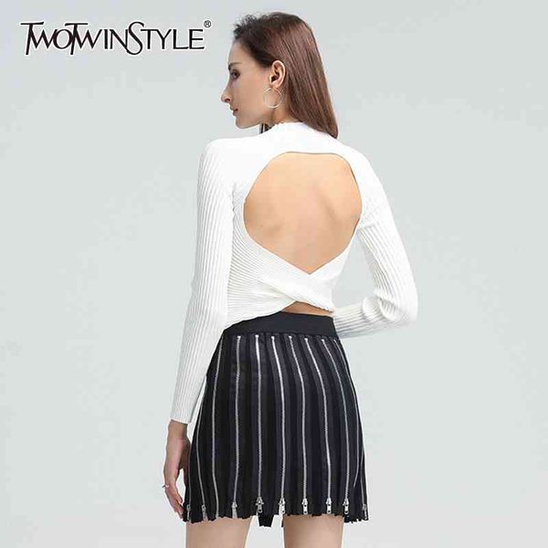 

twotwinsyle backless cross knitted short turtleneck long sleeve black  slim t shirt female fall stylish 210524, White