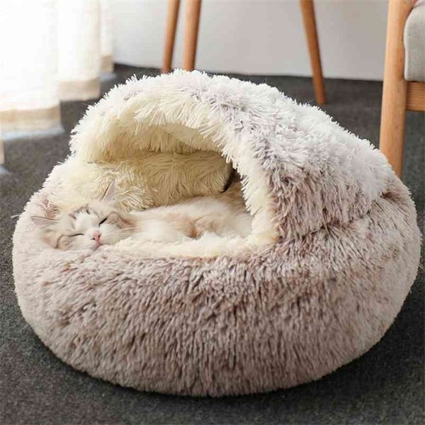 Cama de caverna de gato quente com capuz donut aconchegante macio pelúcia cama de cachorro auto aquecimento cuddler cama de dormir ninho para pequenos cães médios gatos filhotes 210722