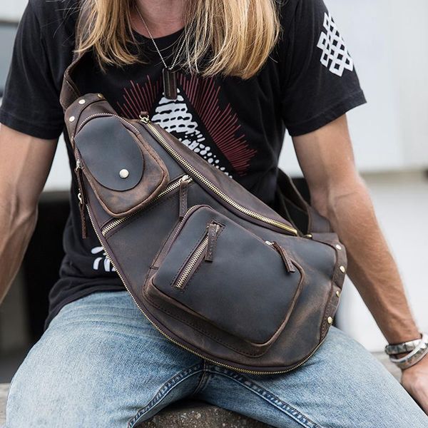 

the first layer of crazy horse leather brown men retro cool multi-pocket large capacity 10-inch chest bag waist bags