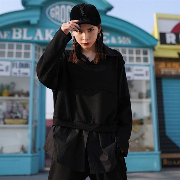 

women's hoodies & sweatshirts autumn winter fake two piece splicing lapels sweatshirt women long sleeve loose casual hoodie lady simple, Black