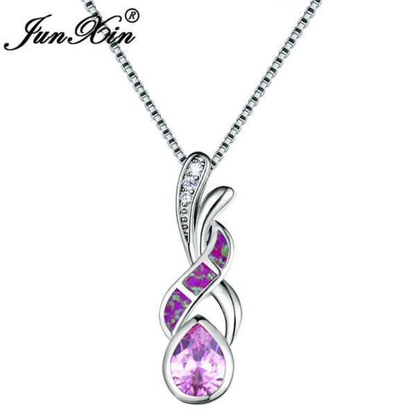 

pendant necklaces junxin pear stone purple blue white fire opal for women gold filled pink red zircon choker gift, Silver