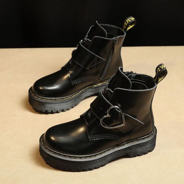 

boots deat 2021 autumn winter fashion casual round toe thick bottom buckle simple women leather classic short sf995, Black