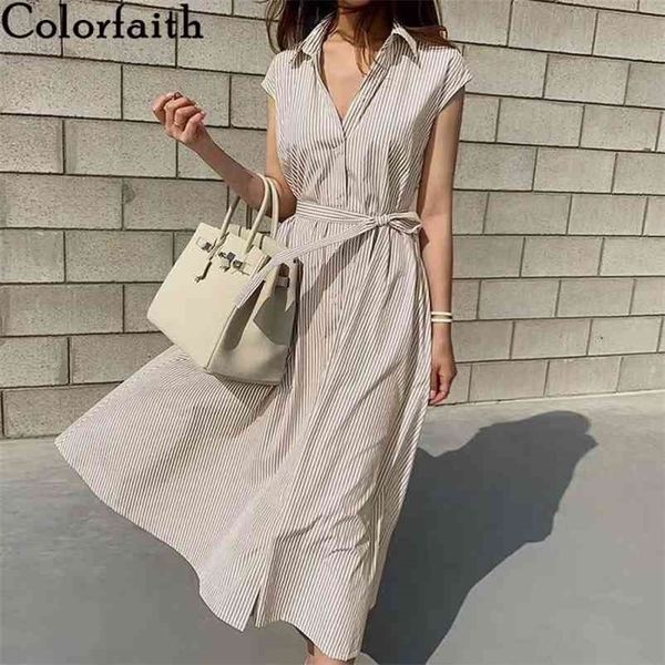 

colorfaith women spring summer shirt dress multi colors casual sleeveless striped oversize lace up long dr1970 210701, Black;gray